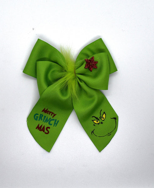 Merry Grinch Christmas Green Ribbon Hair Bow