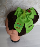 Merry Grinch Christmas Green Ribbon Hair Bow