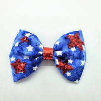 4th of July Hair Bow with sequin red stars, 5 Inches long