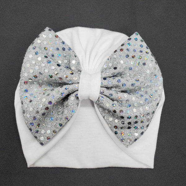 White with silver Bow  Turban Hat for Baby