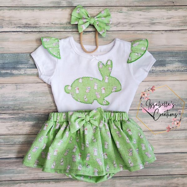 3 pcs  green Rabbit print short sleeve Baby set, Handmade Baby set