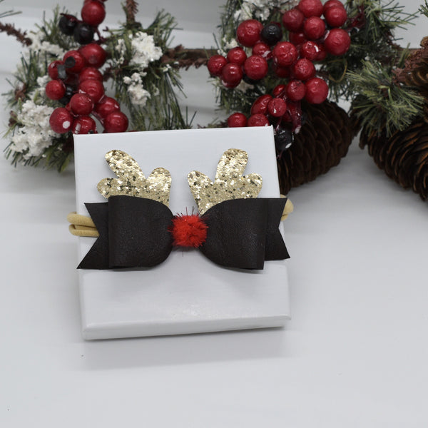 Baby Headband Bow, Reindeer Antler  Bow, Dark brown Color Bow for Christmas